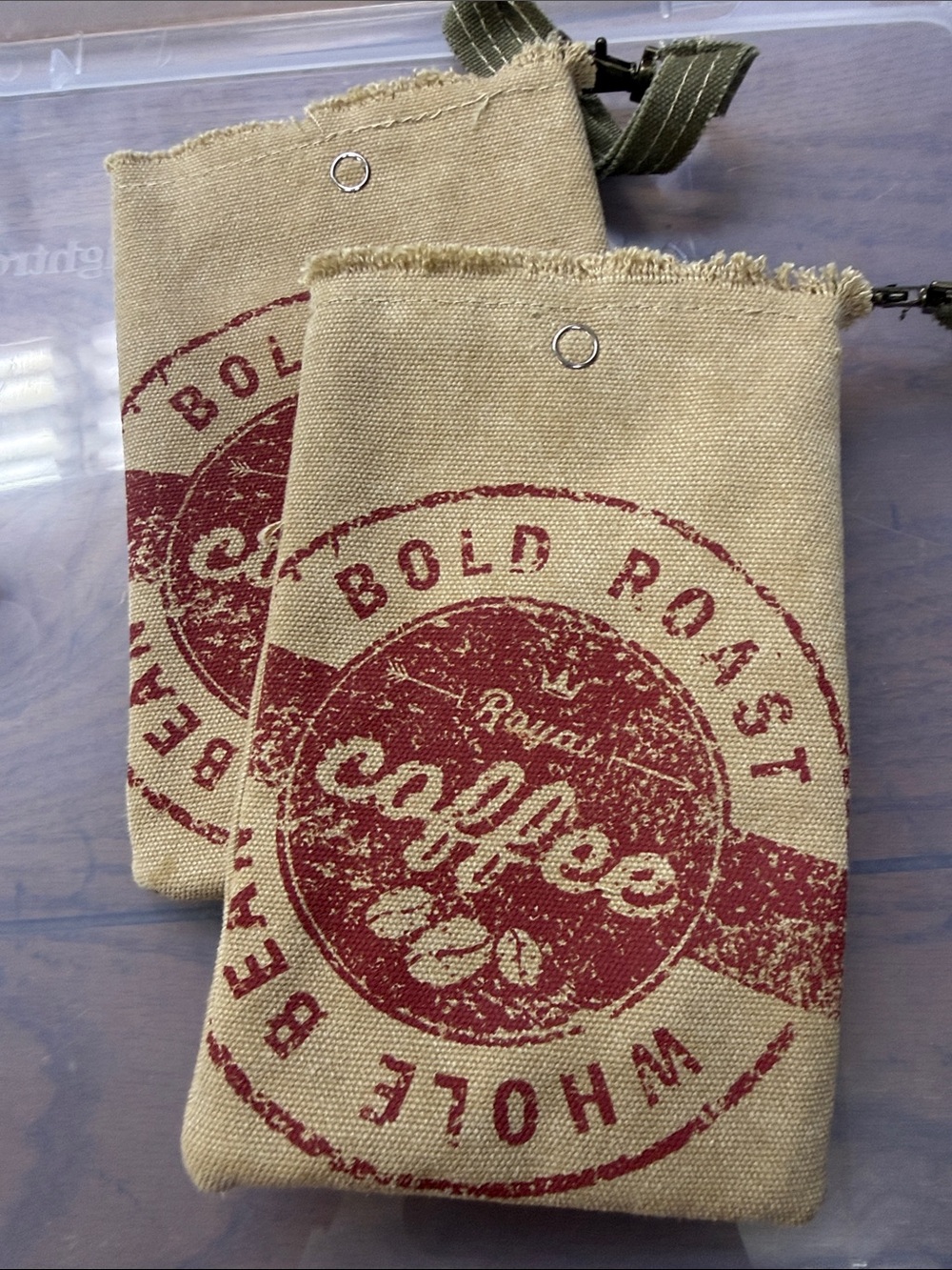 Canvas Coffee-Print Pouch – Tan with Red Print